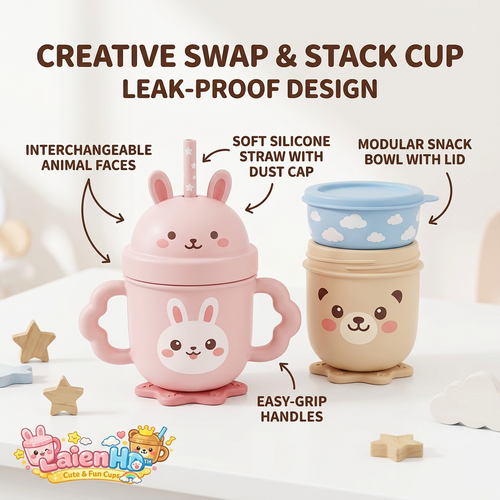 LaienHd™ 3-in-1 Stackable Toddler Sippy Cup and Snack Bowl Set | Leak-Proof Baby Straw Cup with Easy-Grip Handles | Interchangeable Cute Animal Design & Dust Cap for Travel, BPA-Free
