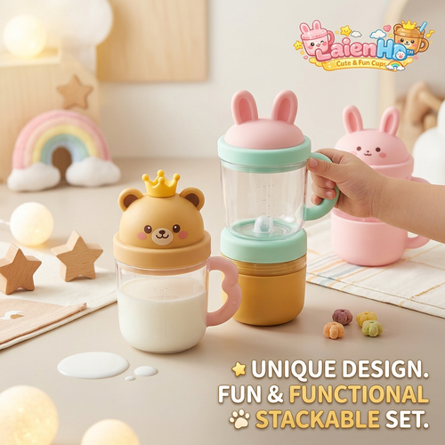 LaienHd™ Stackable Toddler Cups with Handles - Cute Cartoon Bear & Bunny Lid Baby Cups, Clear Milk Mug with Measurement Markings, BPA-Free Kids Drinking Cup & Snack Container Set