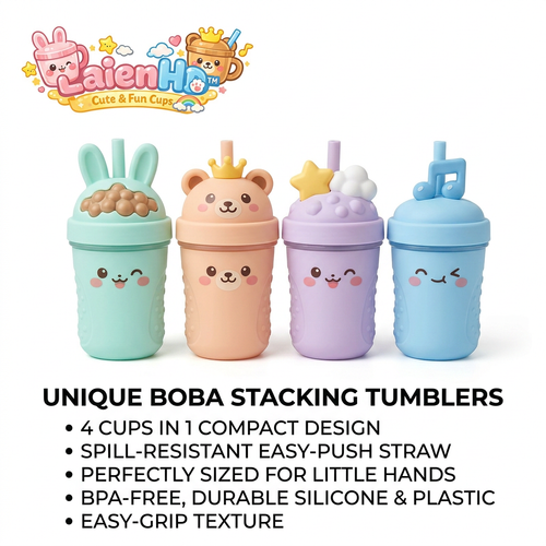 LaienHd™ 4-Pack Cute Boba Stacking Tumblers for Toddlers | Spill-Resistant Silicone Sippy Cups with Straws | BPA-Free Kids Training Cups with Easy-Grip Texture | Kawaii Space-Saving Drinking Cups Gift Set for Babies & Toddlers