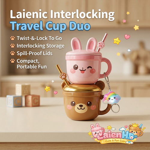 LaienHd™ Interlocking Travel Cup Duo - Cute 2-in-1 Stackable Bunny & Bear Mug Set with Spill-Proof Lids, Reusable Straws & Rainbow Keychain - Kawaii Portable Drinkware and Snack Container for Kids, Toddlers, & School Lunches