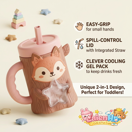 LaienHd™ Toddler Sippy Cup with Straw and Handle - Spill-Proof Baby Training Cup, 2-in-1 Cute Fox Straw Cup for Toddlers with Built-in Cooling Gel Pack, Easy-Grip Kids Water Bottle, BPA-Free