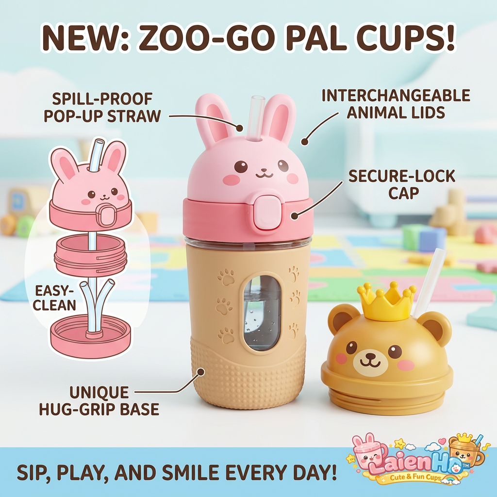 LaienHd™ Zoo-Go Pal Kids Water Bottle with Straw - 2-in-1 Spill-Proof Toddler Sippy Cup with Interchangeable Animal Lids (Cute Bunny & Bear), Easy-Clean Leak-Proof Kids Drink Thermos Cup with Hug-Grip Protective Base for School, Travel, and Play