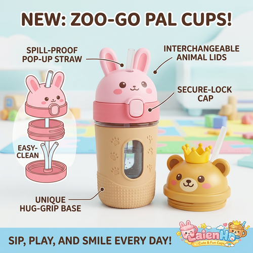 LaienHd™ Zoo-Go Pal Kids Water Bottle with Straw - 2-in-1 Spill-Proof Toddler Sippy Cup with Interchangeable Animal Lids (Cute Bunny & Bear), Easy-Clean Leak-Proof Kids Drink Thermos Cup with Hug-Grip Protective Base for School, Travel, and Play