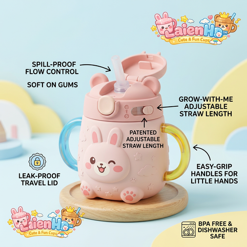 LaienHd™ Baby Sippy Cup with Straw - Leak-Proof Toddler Training Cup with Easy-Grip Dual Handles, Patented Adjustable Straw Length, Spill-Proof Flow Control, BPA-Free Dishwasher Safe Cute Bunny Water Bottle for Infants & Toddlers